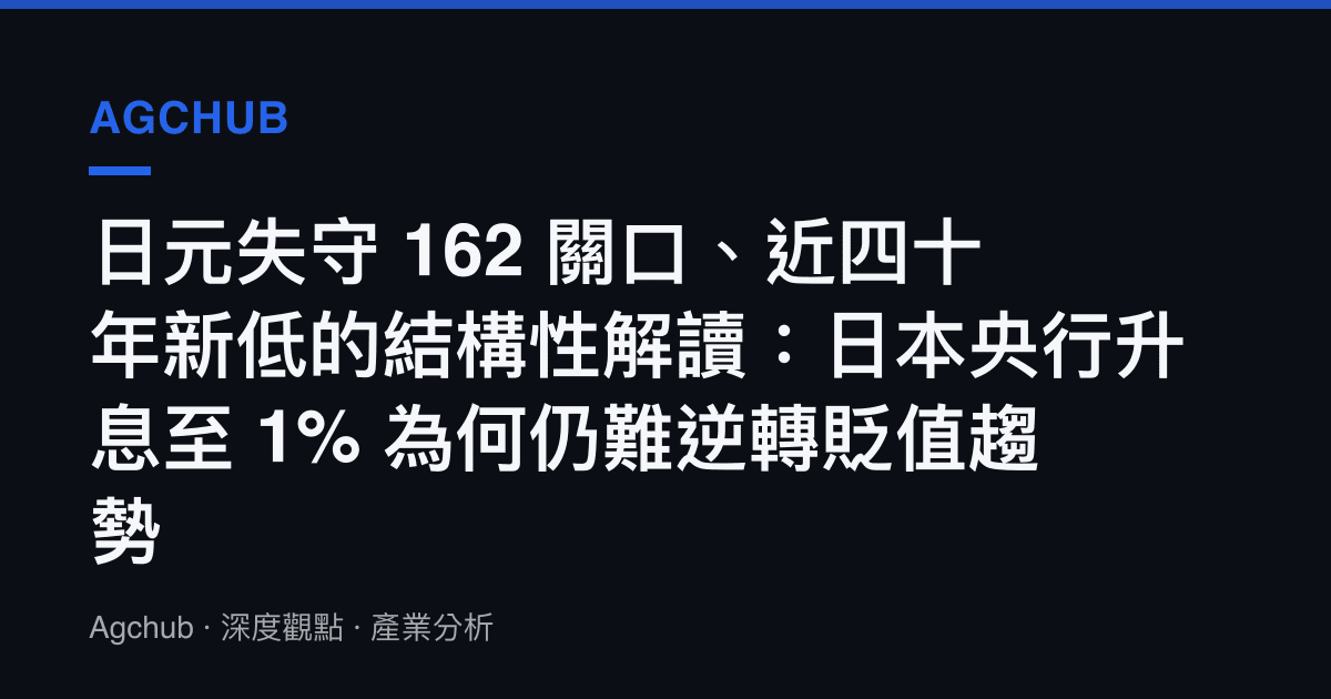 日元失守 162 關口、近四十年新低的結構性解讀：日本央行升息至 1% 為何仍難逆轉貶值趨勢