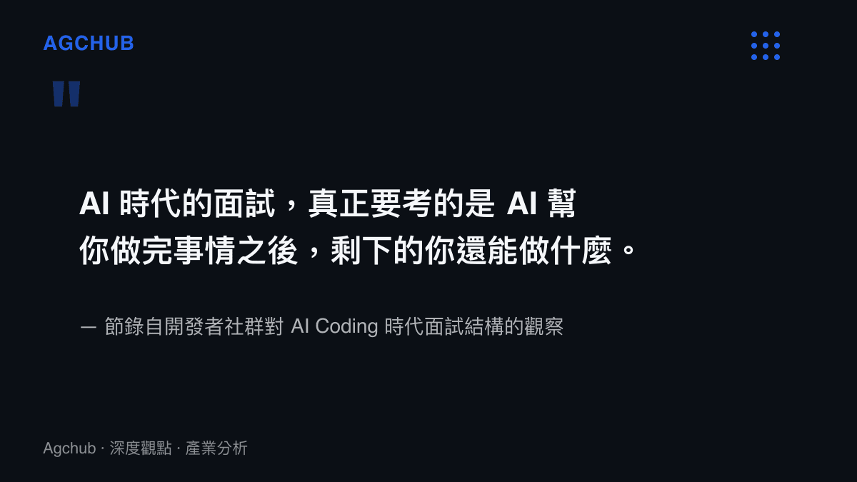 引述圖卡呈現 AI 時代面試的核心在於測試求職者在 AI 完成基礎工作後剩餘的工程處理能力