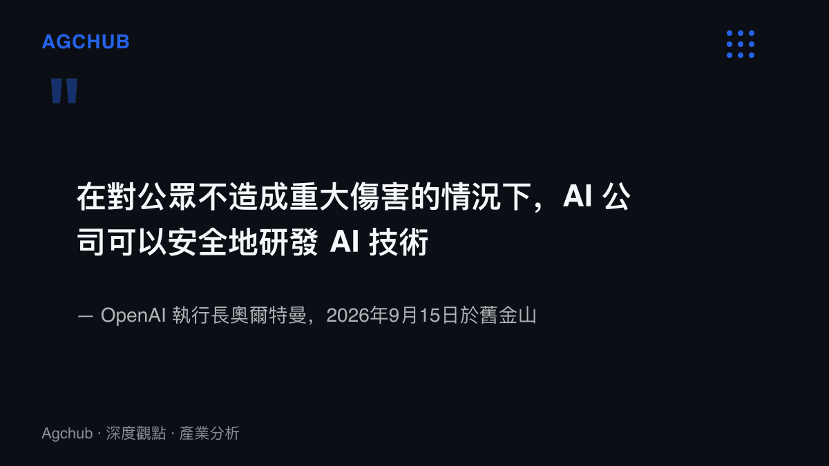 引述奧爾特曼2026年9月15日在舊金山活動的主張：AI公司能在不對公眾造成重大傷害的前提下安全研發技術
