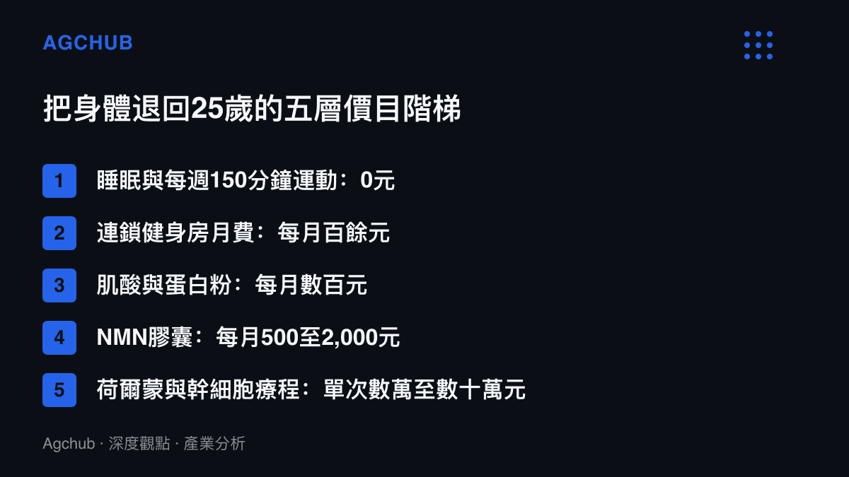 清單圖卡列出抗老化消費的五層價目階梯，從零元的睡眠與每週運動，經健身房月費與補給品，到單次數萬至數十萬元的荷爾蒙與幹細胞療程