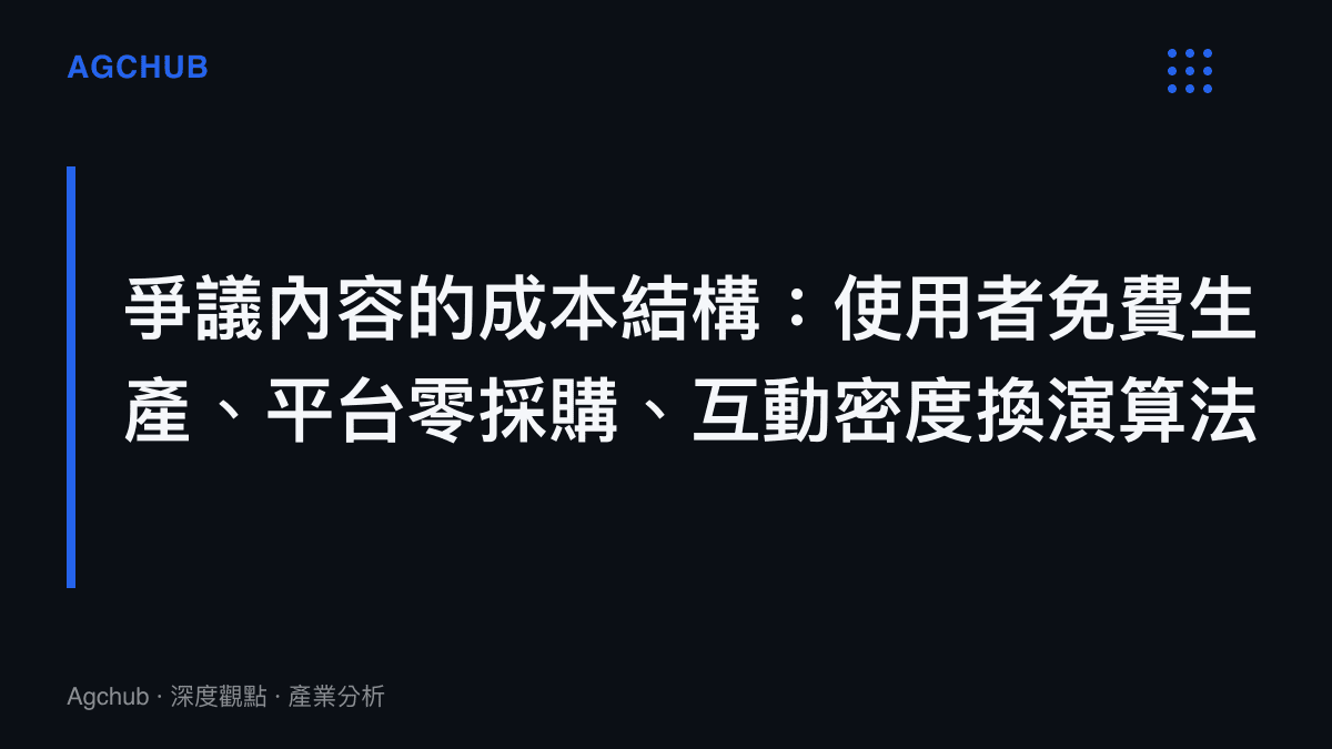 圖卡呈現爭議內容品類的成本結構主張：內容由使用者免費生產，平臺以零採購成本取得高互動密度的流量素材