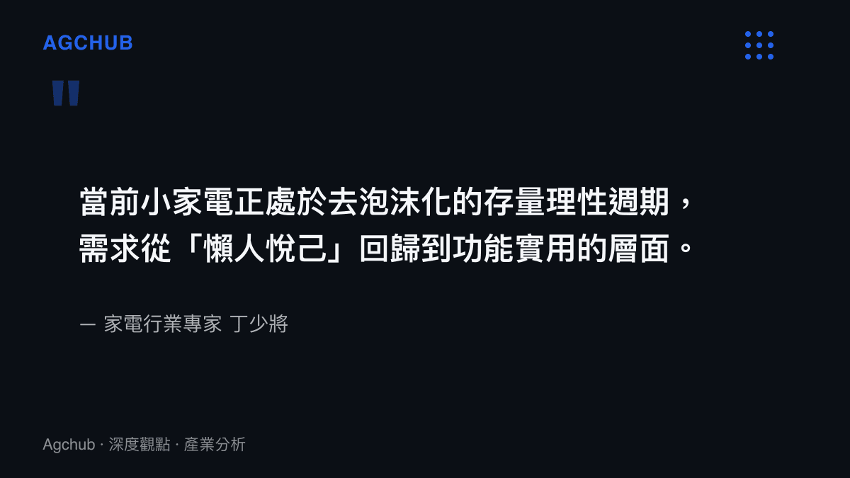 家電行業專家丁少將指出小家電正處於去泡沫化的存量理性週期，需求從懶人悅己回歸功能實用層面