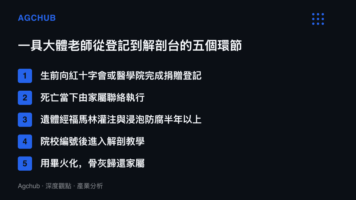 流程圖列出一具教學遺體從捐贈登記、家屬執行、防腐固定、院校啟用到火化歸還家屬的五個先後環節