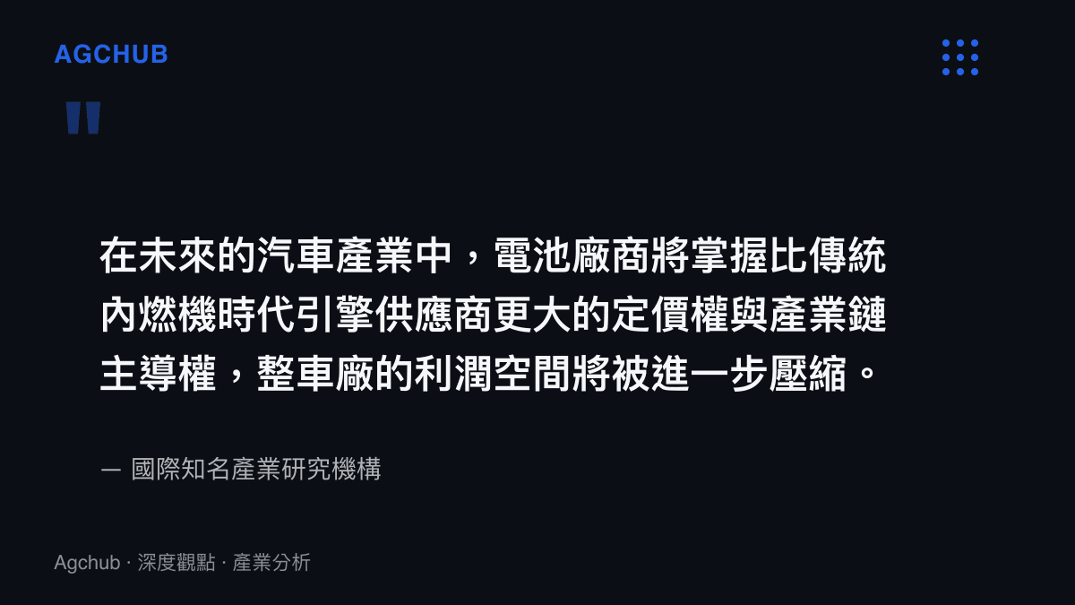 引述國際產業研究機構對於電池廠商將掌握更大定價權與主導權，進而壓縮整車廠利潤空間的產業觀點