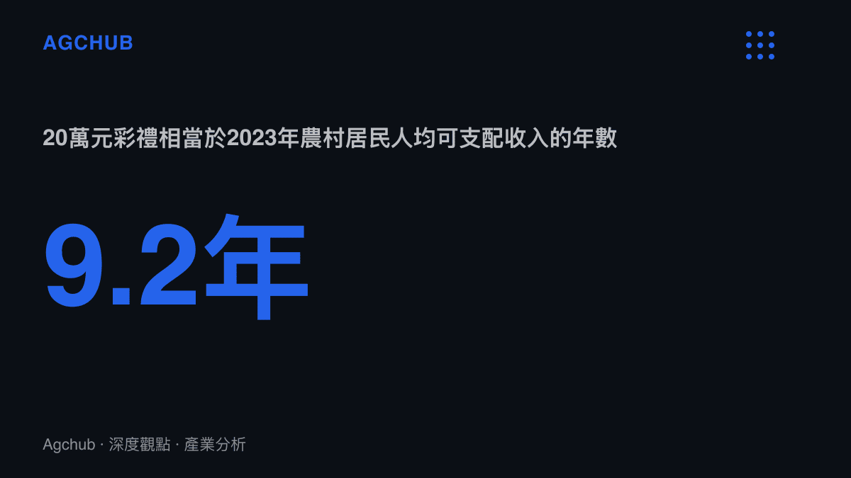 統計圖卡呈現20萬元彩禮約當於2023年中國農村居民人均可支配收入21,691元的9.2年份量