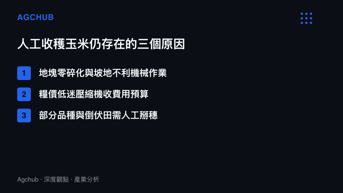 清單圖卡列舉人工收穫玉米仍存在的三個原因：地塊零碎化與坡地不利機械、糧價低迷壓縮機收預算、部分品種與倒伏田需人工掰穗