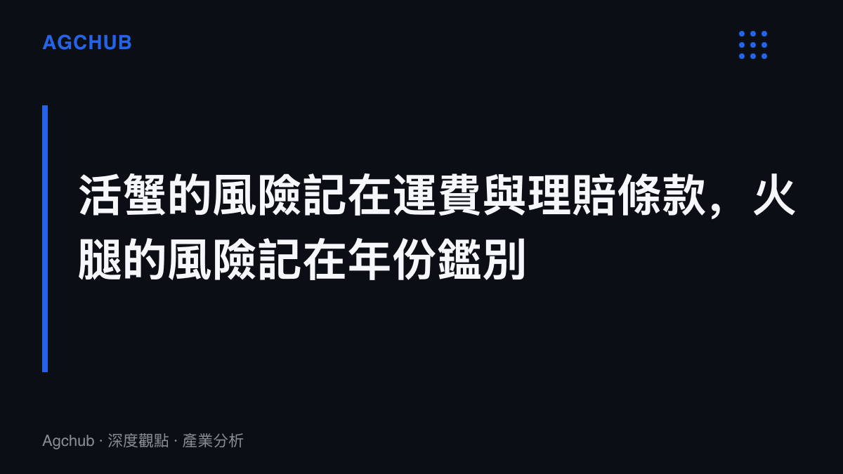 圖面主張活蟹的交易風險由冷鏈運費與死蟹理賠條款吸收，火腿的交易風險則落在年份真偽的鑑別成本上，兩相對照