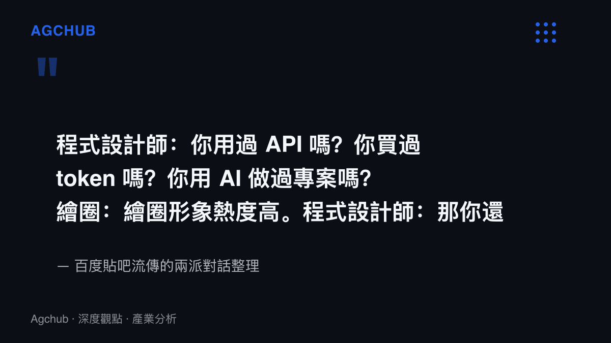 引言圖卡重現開發者與同人繪圖社羣的對話，一方連續追問API使用、token採購與專案經驗，另一方僅以形象熱度與手繪屬性回應