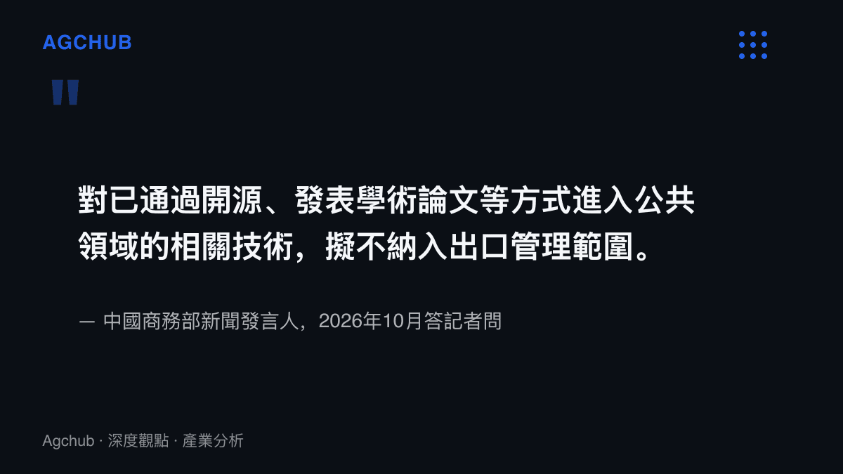 呈現中國商務部新聞發言人的答問內容，指已透過開源或發表學術論文進入公共領域的人工智慧相關技術，擬不納入出口管理範圍