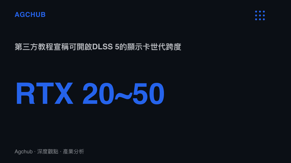 統計圖卡呈現第三方教程宣稱DLSS 5可在RTX 20至50系顯示卡上開啟，橫跨2018年以來七年的硬體世代