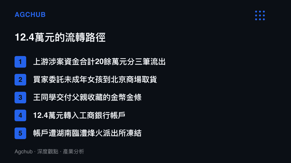 圖表依序列出12.4萬元的五段流轉過程：20餘萬元涉案資金分三筆流出、買家委託未成年女孩到場取貨、金幣金條完成交付、款項轉入工商銀行帳戶、帳戶遭湖南臨澧警方凍結