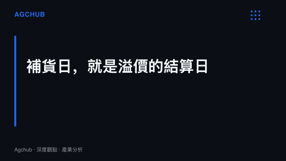 以蘋果補貨時點為軸，說明一千五百元色號溢價的結算機制：補貨越慢溢價存續越久，出清速度慢於補貨的持有者承受跌價