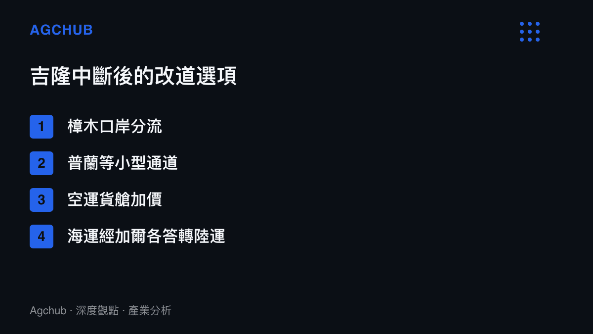 清單圖卡列出吉隆口岸中斷後中尼貿易的四個替代路徑，包括樟木分流、普蘭通道、空運與經印度港口轉陸運