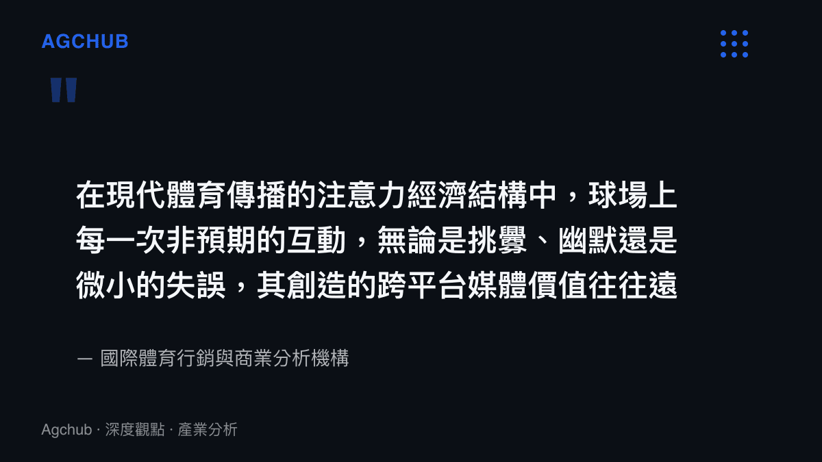 引述體育行銷分析機構指出球場上非預期互動創造的跨平台媒體價值遠超常規進球並成為俱樂部資產管理工具的觀點