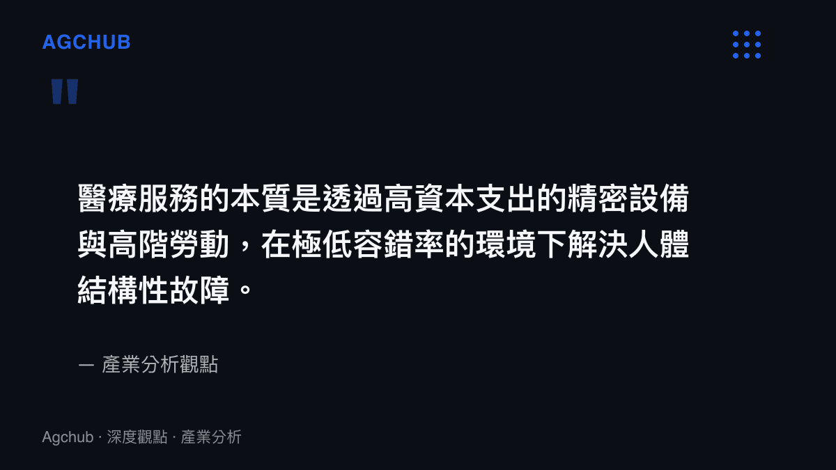 醫療服務的本質是透過高資本支出的精密設備與高階勞動，在極低容錯率的環境下解決人體結構性故障。