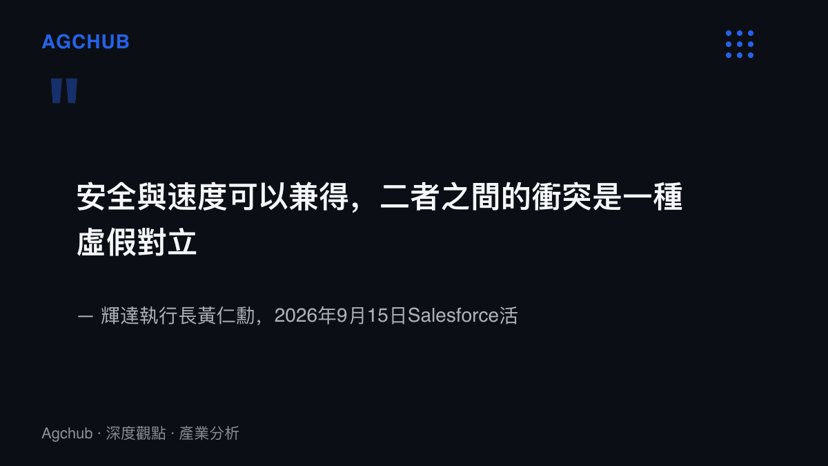 引述黃仁勳在Salesforce活動對談中的原話：安全與速度可以兼得，兩者之間的衝突是一種虛假對立，出處為彭博社報導