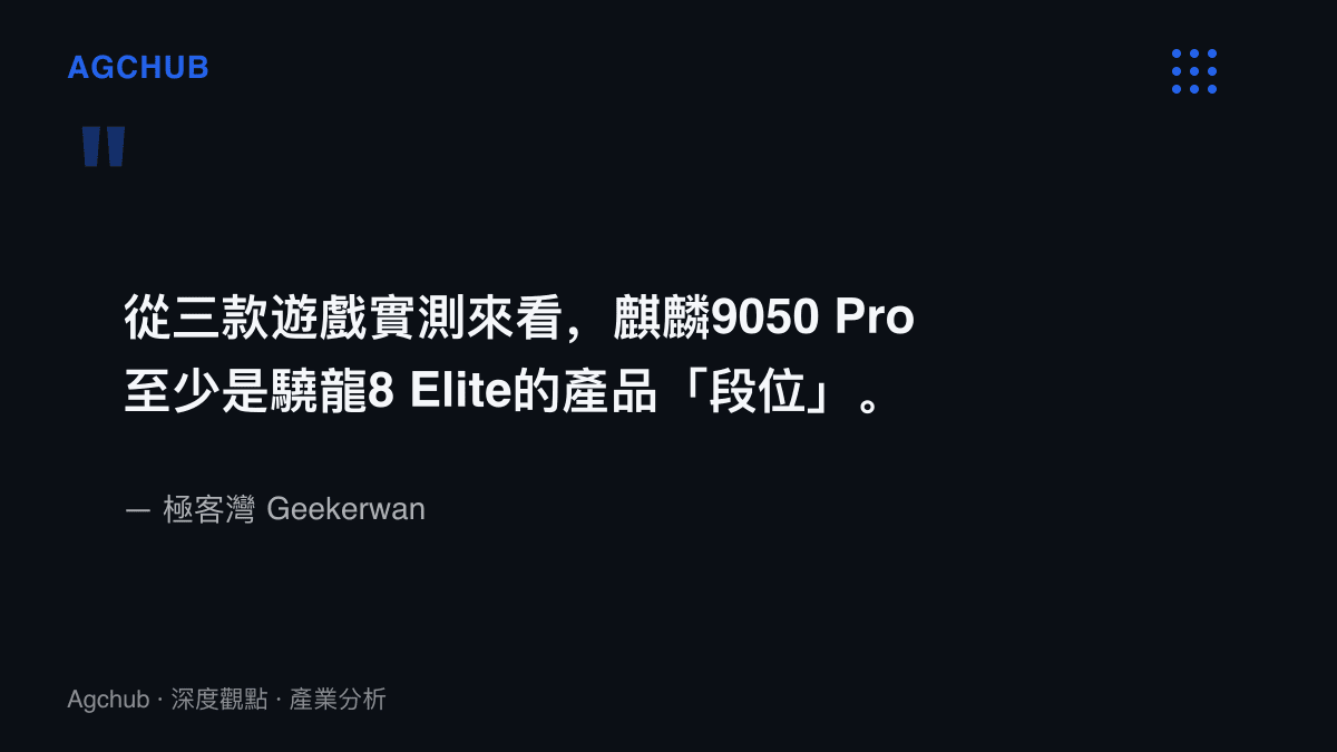 引述極客灣評測結論，指麒麟9050 Pro的遊戲體驗至少達到驍龍8 Elite同級水準