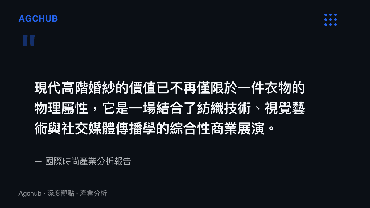 引述國際時尚產業分析報告指出，現代高階婚紗的價值在於結合紡織技術、視覺藝術與社群傳播學的綜合性商業展演