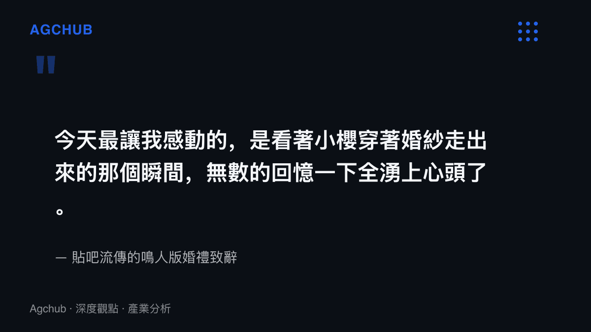引文圖卡呈現吧友改編的鳴人版婚禮致辭段落，描寫看著小櫻穿婚紗時回憶湧上心頭的句子，出自動漫改編模板