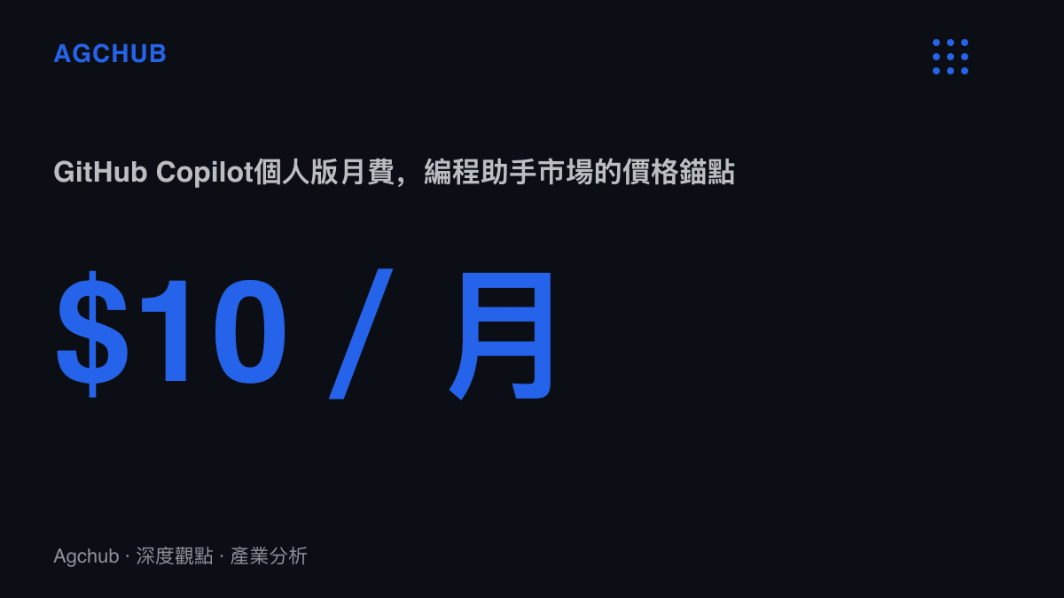 統計圖卡呈現GitHub Copilot個人版每月10美元的訂閱價格，作為編程助手市場定價基準的參照點