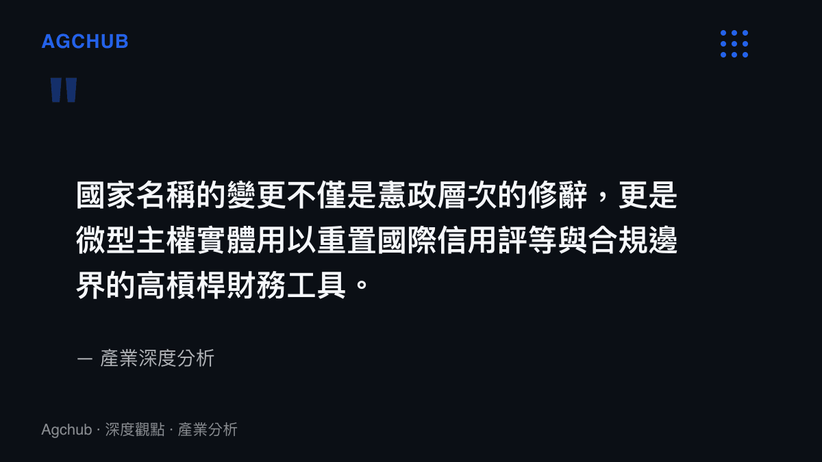引述產業深度分析觀點，指出國家名稱變更對微型主權實體而言，具有重置國際信用評等與合規邊際的財務槓桿作用。