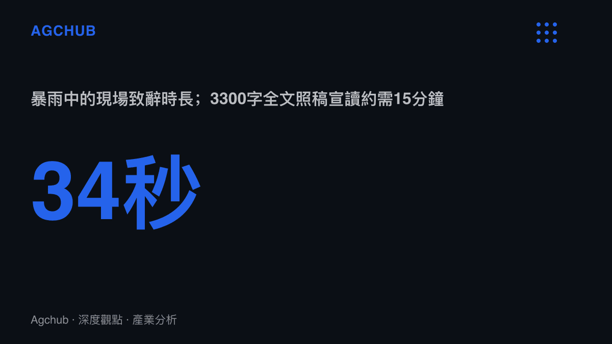 統計圖卡呈現寧波大學校長在暴雨中的致辭僅34秒，對照3300字全文照稿宣讀約需15分鐘的時間落差