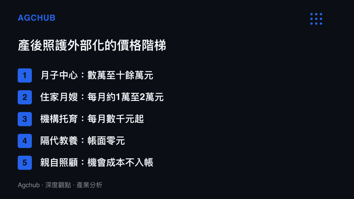清單圖卡列出月子中心、住家月嫂、機構託育、隔代教養與親自照顧五種育兒外部化選項各自的價格區間或成本型態
