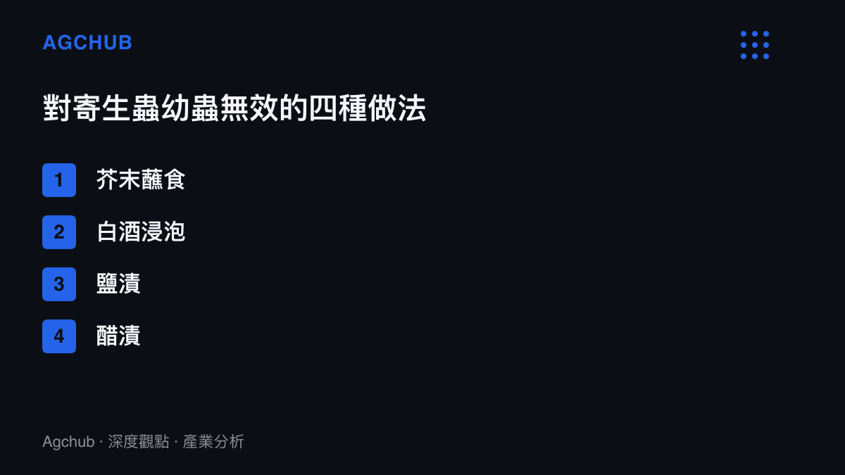清單圖卡列出芥末蘸食、白酒浸泡、鹽漬與醋漬四種常見做法，說明這些處理均無法殺滅生蝦蟹中的寄生蟲幼蟲