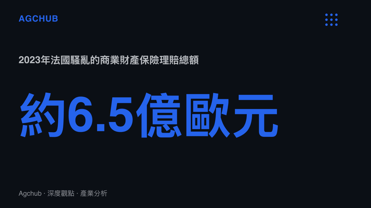 統計圖卡呈現2023年法國退休改革騷亂期間商業財產保險理賠總額約6.5億歐元，作為利摩日市政廳焚毀案保險市場壓力的前期對照基準