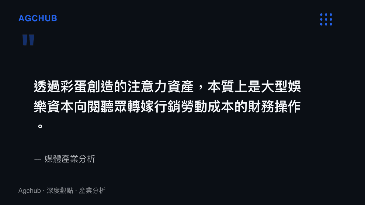 引述媒體產業分析指出，大型影視集團透過彩蛋創造的注意力資產，是向閱聽眾轉嫁行銷勞動成本的財務操作