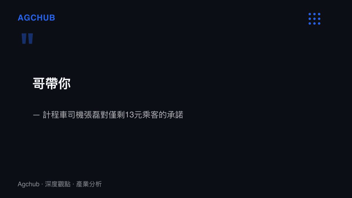 引言圖卡呈現計程車司機張磊在乘客付不出車資時說的那句話：哥帶你，出自9月21日他向媒體復述的對話紀錄