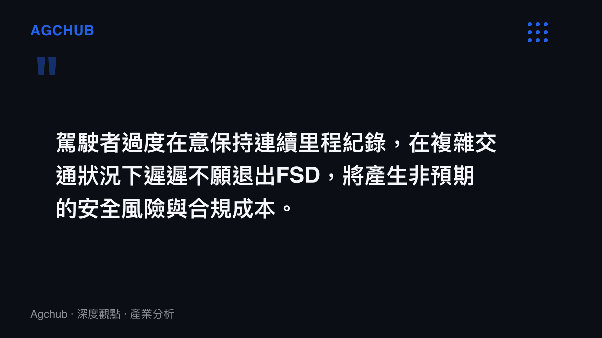 引述產業分析關於FSD遊戲化機制可能誘發駕駛者延遲退出系統的安全風險評估