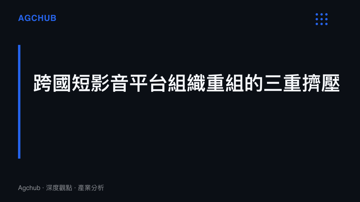 跨國短影音平臺組織重組的三重擠壓圖卡，呈現地緣合規壓力、廣告變現效率與在地化營運成本三條主軸同步上升的結構性訊號