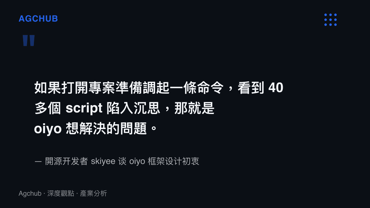 引用開發者 skiyee 說明 oiyo 框架設計初衷的原文，強調解決指令過多的痛點