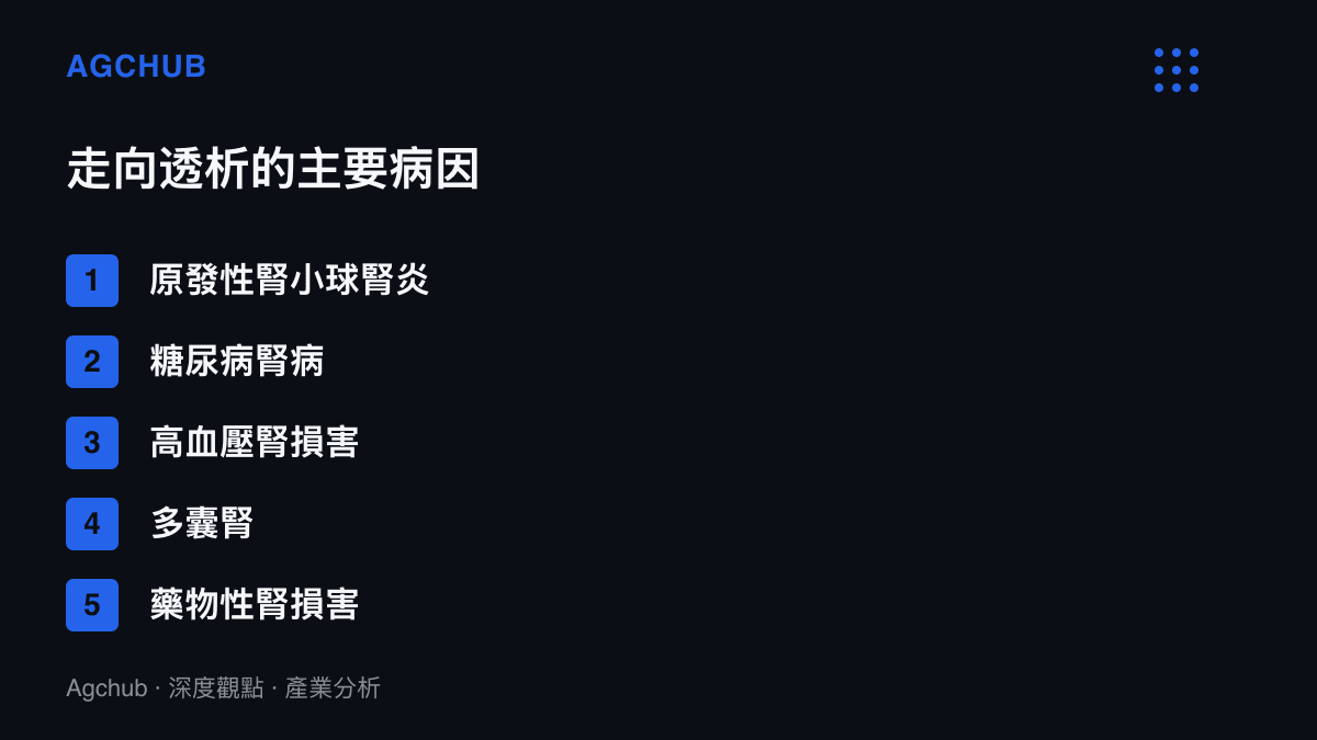 圖卡列舉慢性腎衰竭患者進入透析治療的五項主要病因，包含原發性腎小球腎炎、糖尿病腎病、高血壓腎損害、多囊腎與藥物性腎損害