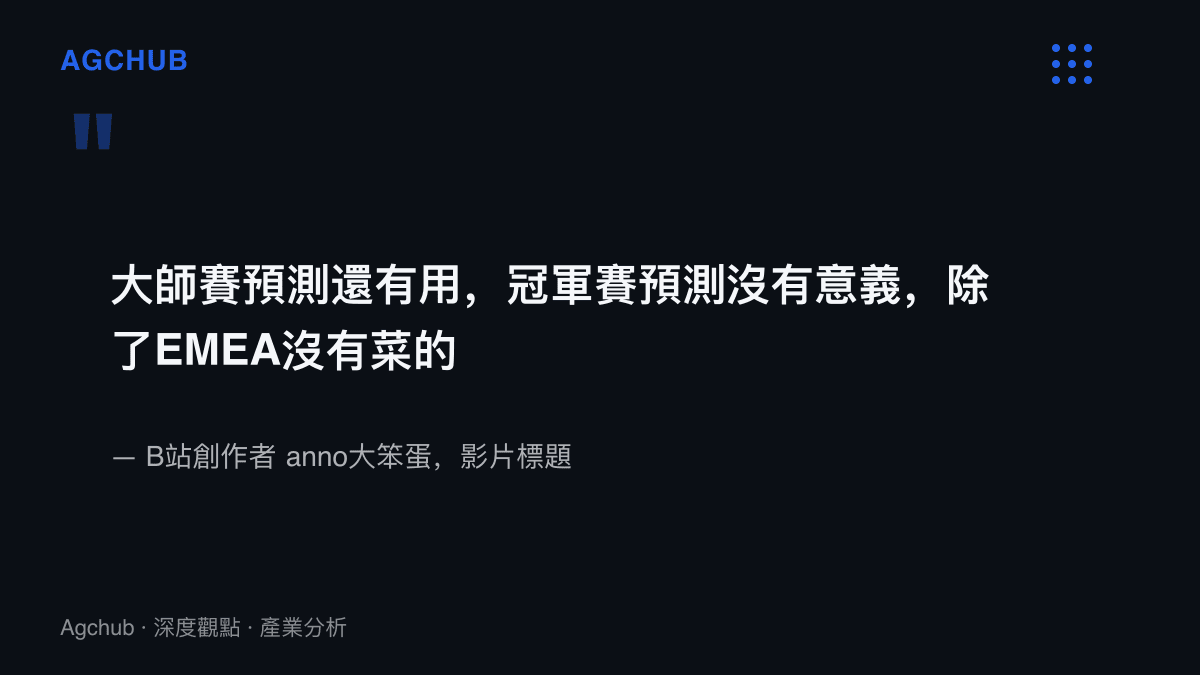引述圖卡呈現B站創作者anno大笨蛋對冠軍賽預測價值的判斷：大師賽預測還有用，冠軍賽預測沒有意義，因為賽區強度過於密集