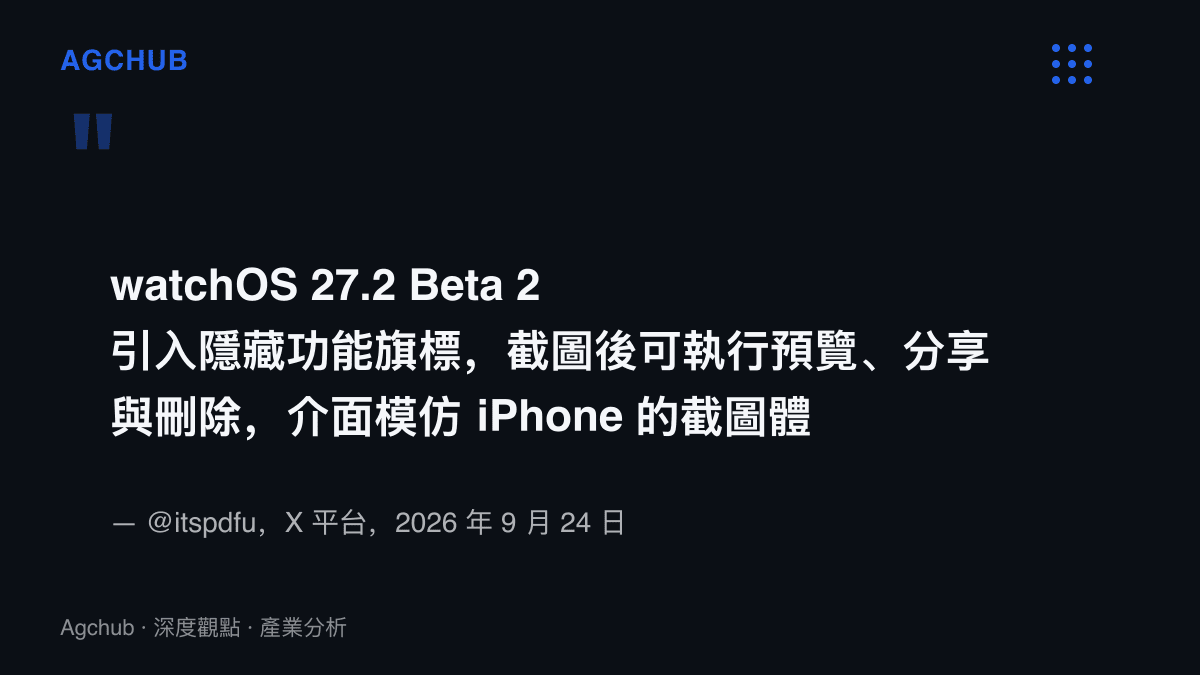 引述開發者 @itspdfu 於 X 平臺的貼文要旨，說明 watchOS 27.2 Beta 2 內藏截圖預覽、分享與刪除的旗標功能
