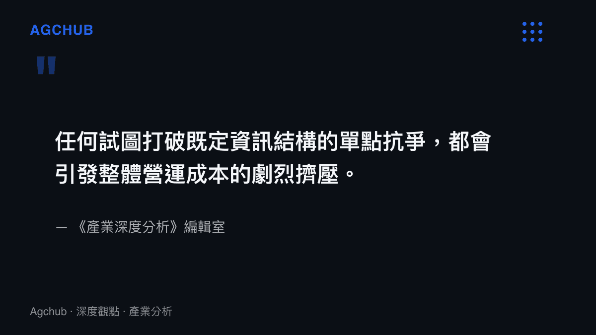 任何試圖打破既定資訊結構的單點抗爭，都會引發整體營運成本的劇烈擠壓。