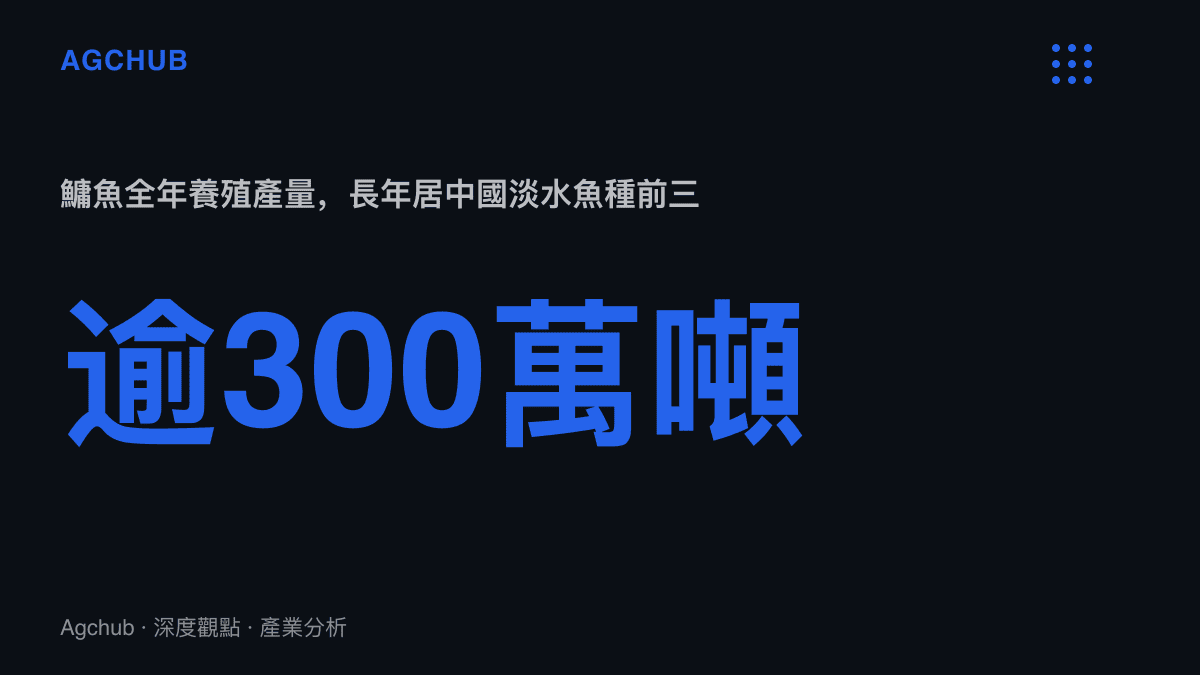 統計圖卡呈現中國鱅魚全年養殖產量超過300萬噸，供給規模長年位居淡水養殖魚種前三名的位置