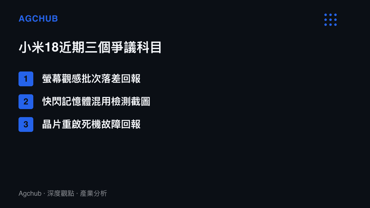清單圖卡列出小米18近期三個爭議科目，包含螢幕觀感批次落差回報、快閃記憶體混用檢測截圖與晶片重啟死機故障回報